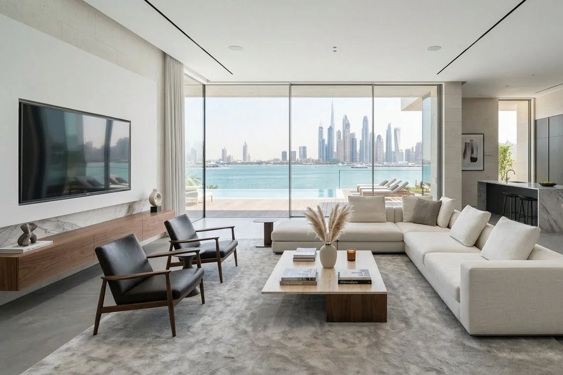 Refurbished Abu Dhabi apartment interior with skyline view, ready for re-letting
