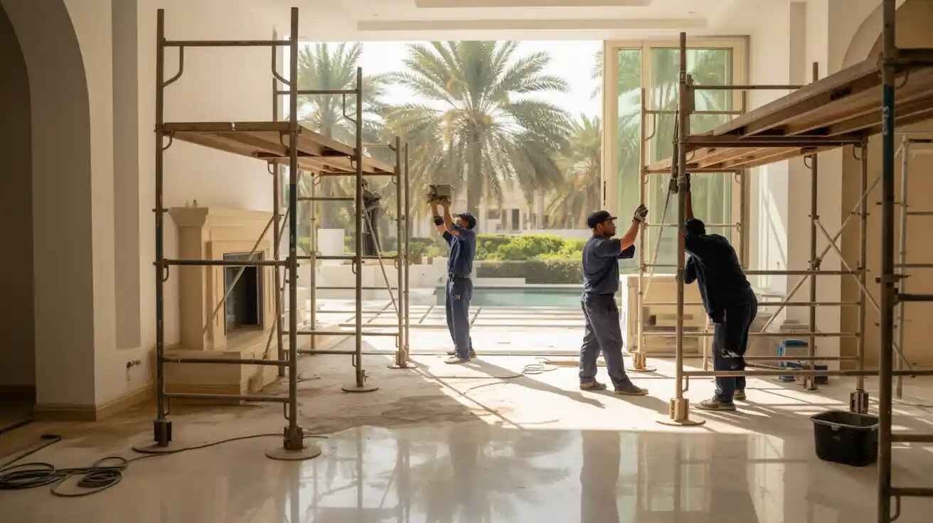 ALHUD renovation team working from scaffolding inside an Abu Dhabi villa