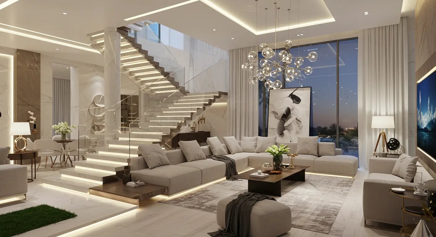Renovated Abu Dhabi villa interior with marble staircase, glass balustrade and cove lighting