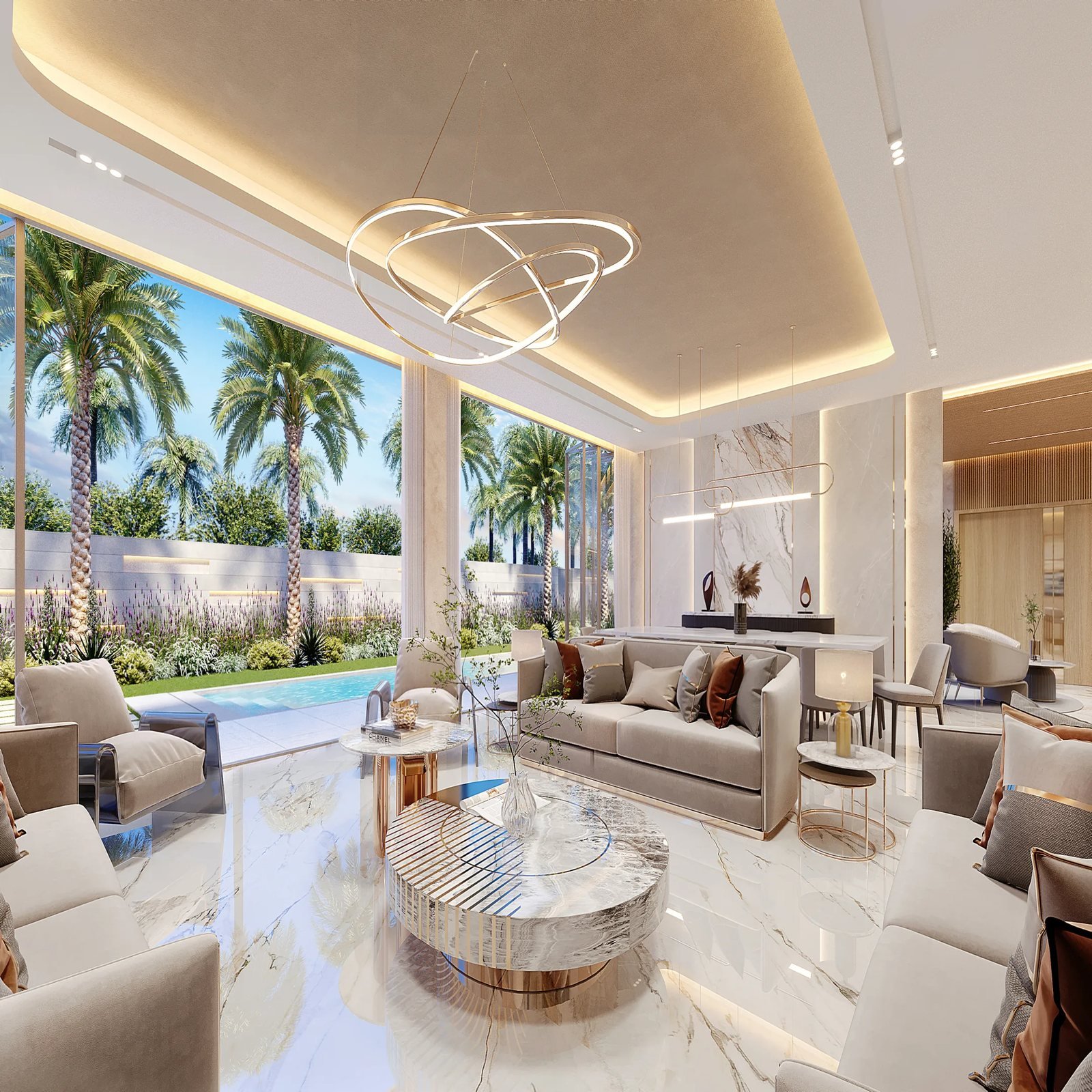 Completed villa renovation in Abu Dhabi with garden and pool view
