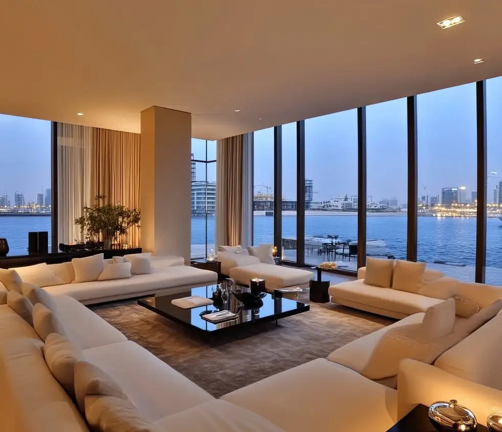 Renovated waterfront apartment living room in Abu Dhabi with full-height glazing at dusk